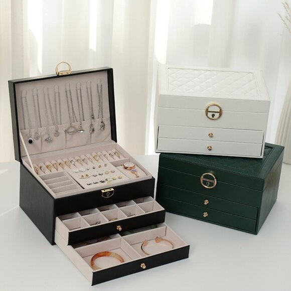 Best Gift Idea Three Layer Lockable PU Leather Jewelry Storage Box with Drawers - Picture 7 of 10